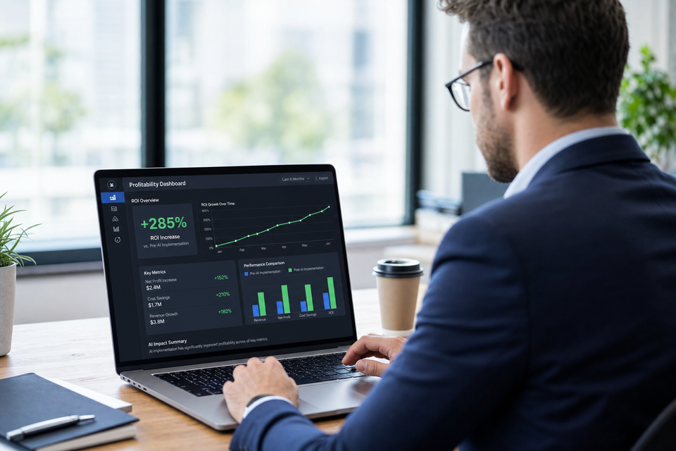 Empresário analisando dashboard de métricas de lucratividade e ROI em laptop, gráficos mostrando crescimento após implementação de IA