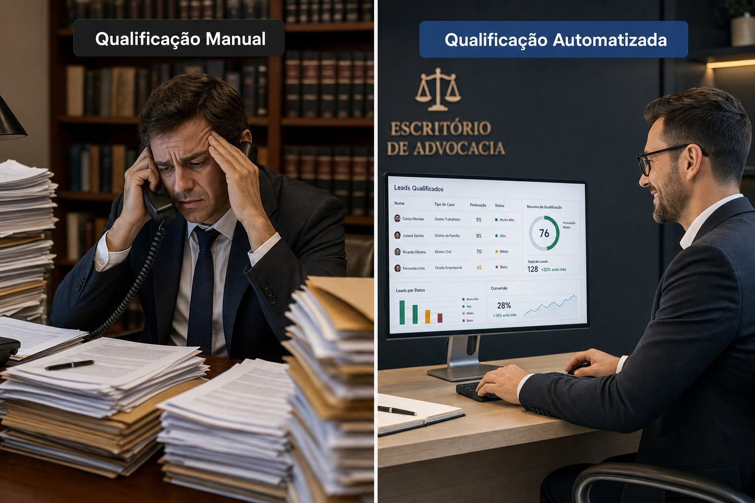 Comparação entre qualificação manual e automatizada de leads jurídicos