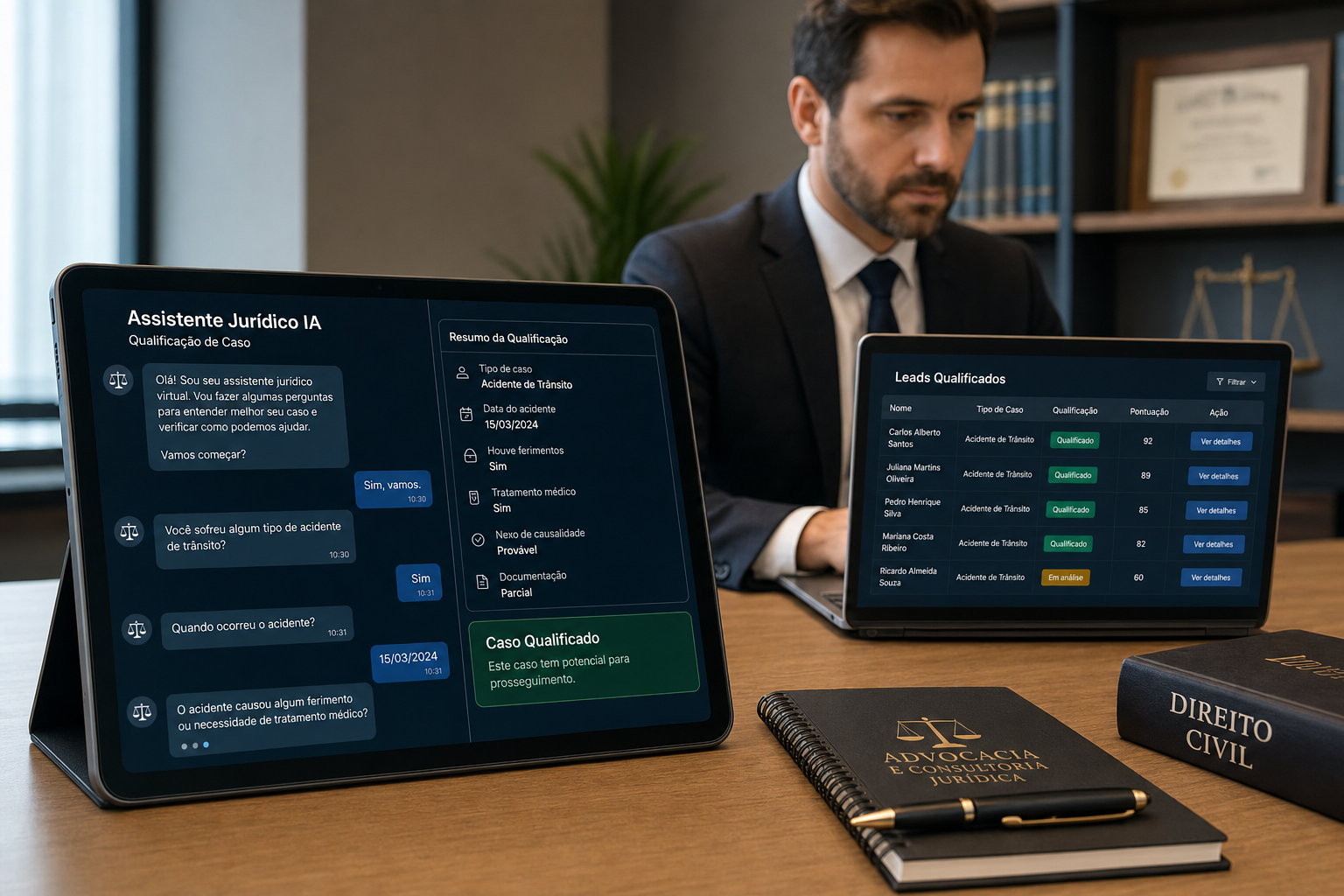 Cena de consultoria com chatbot de IA qualificando caso jurídico